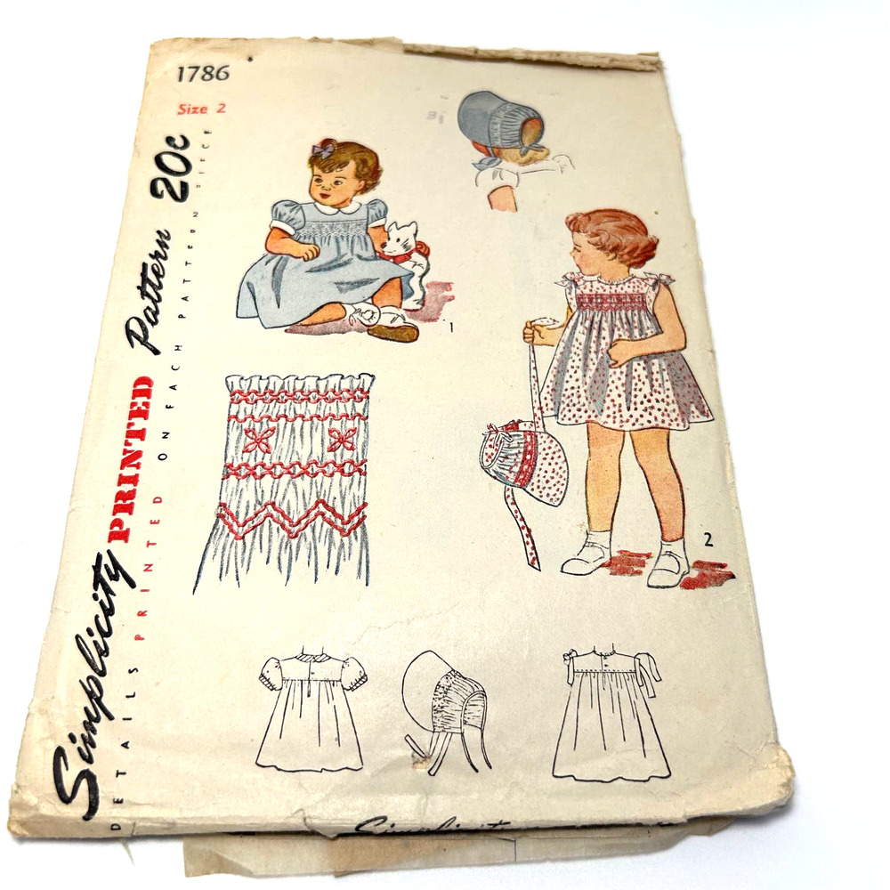 Simplicity Vintage 1946 Pattern‎ #1786 Girls Smocked Dress and Bonnet Size 2 HTF